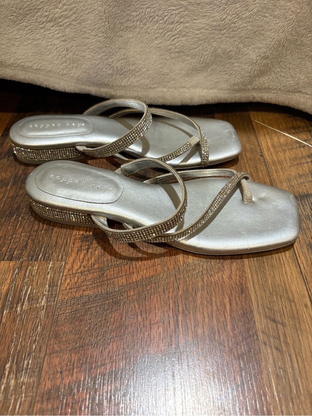 Copper Key Silver Rhinestone Strappy Sandals
